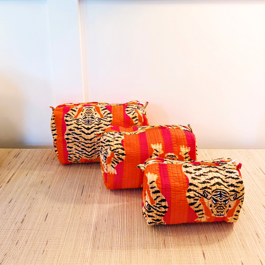 Three-Piece Tiger Pouch Set - Orange & Pink