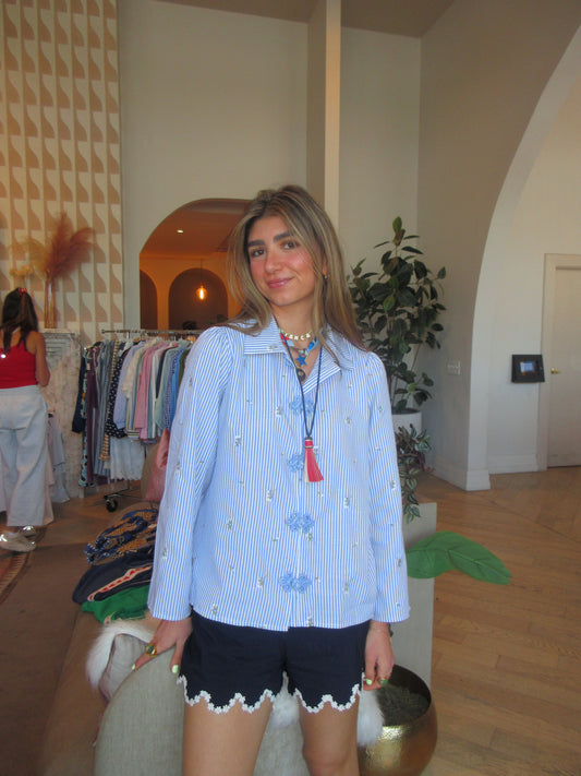 The Blue Embroidered Frog Closure Top
