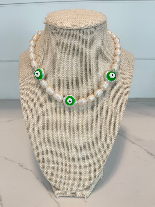 Green Pearl Evil Eye Necklace