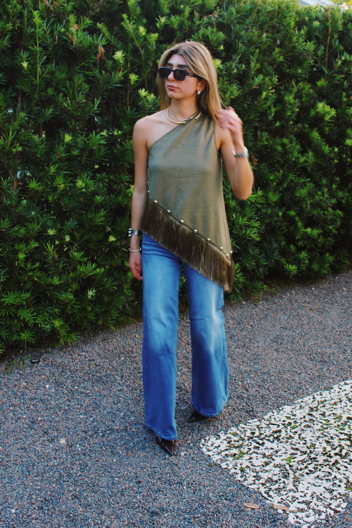 The Suede Fringe One-Shoulder Top