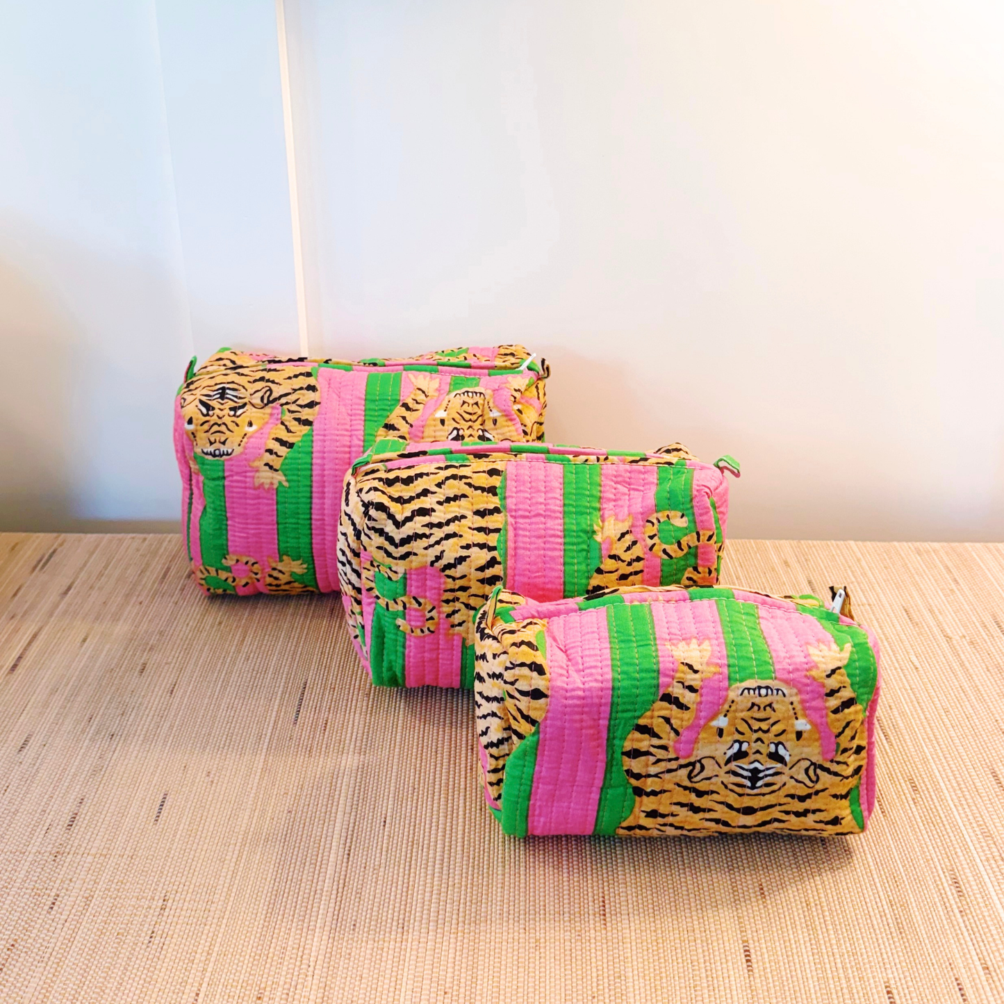 Three-Piece Tiger Pouch Set - Pink & Green