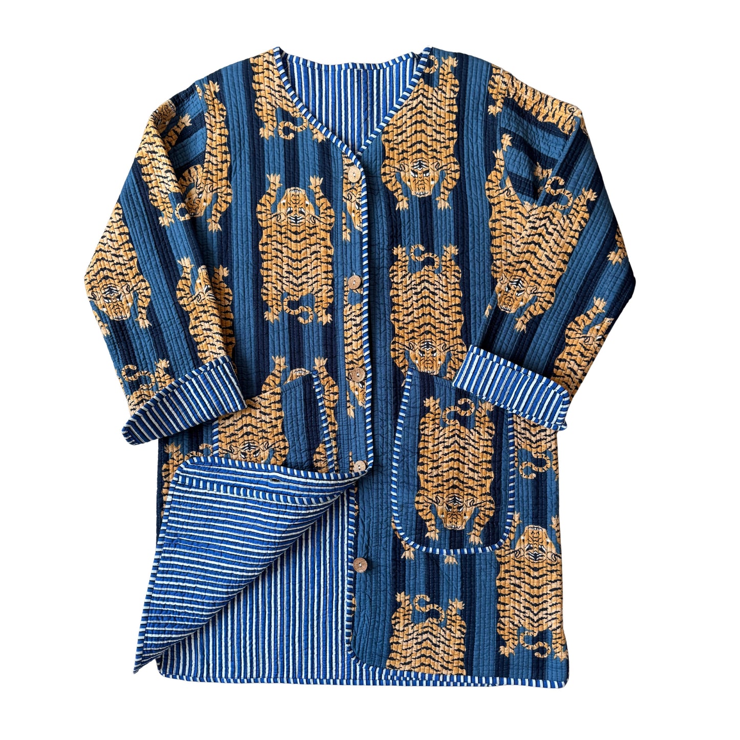 Reversible Tiger Quilted Jacket — Navy