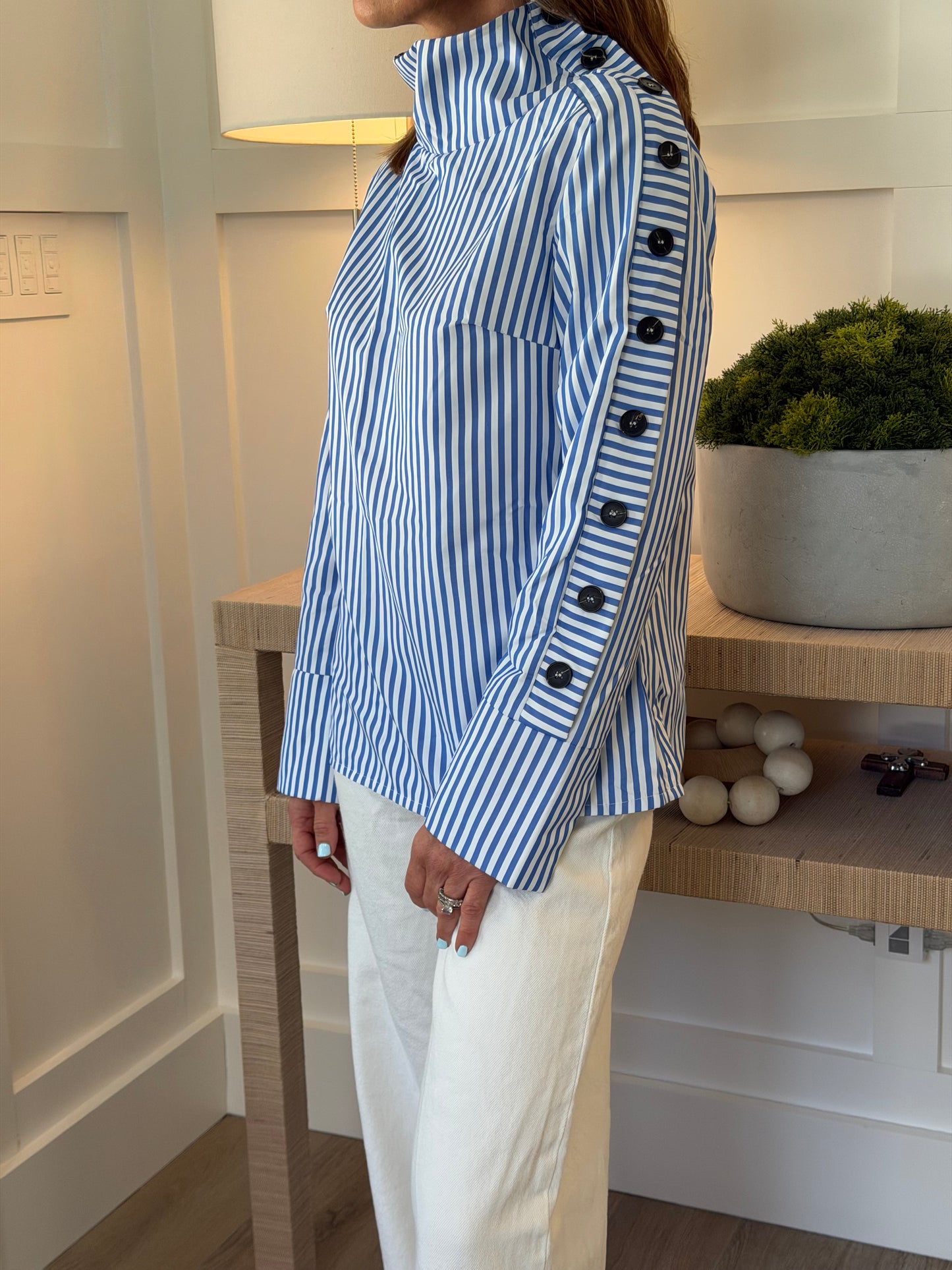The Blue Stripe Button Shoulder Blouse