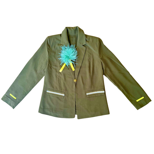 Olive Statement Blazer with Blue Heart Detail