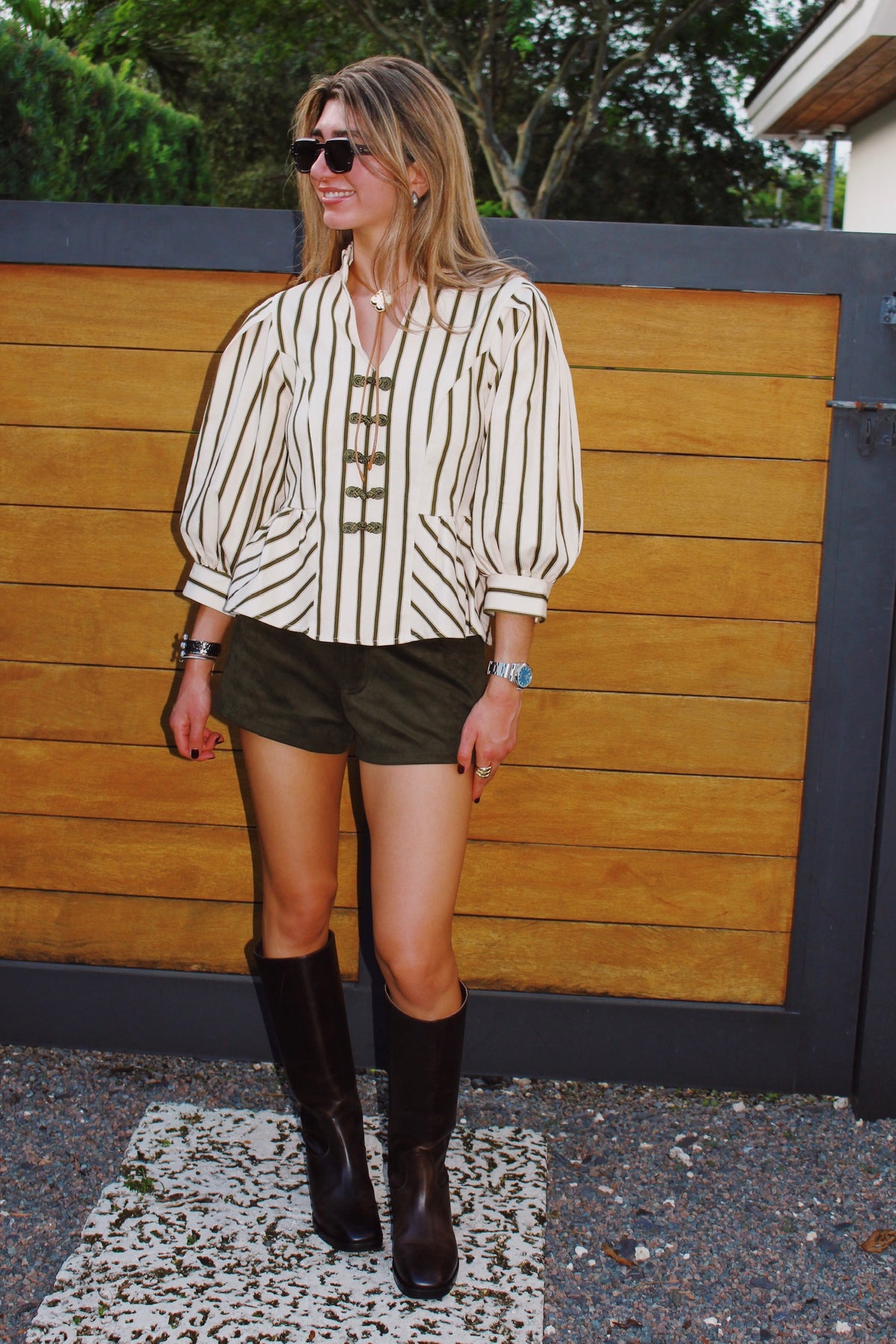 The Pinstripe Olive Peplum Blouse