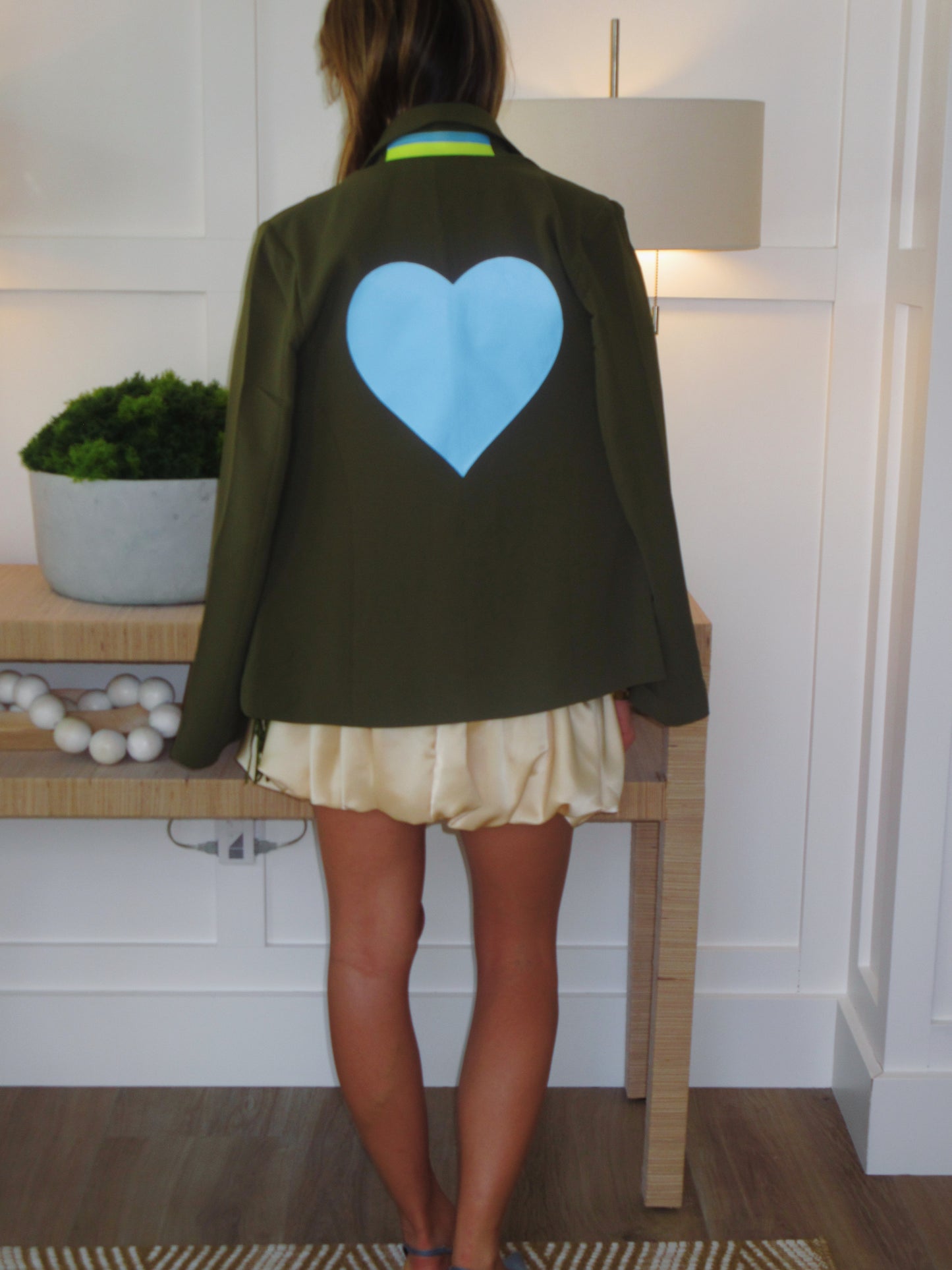 Olive Statement Blazer with Blue Heart Detail