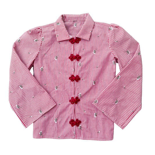 The Red Stripe Frog Button Blouse