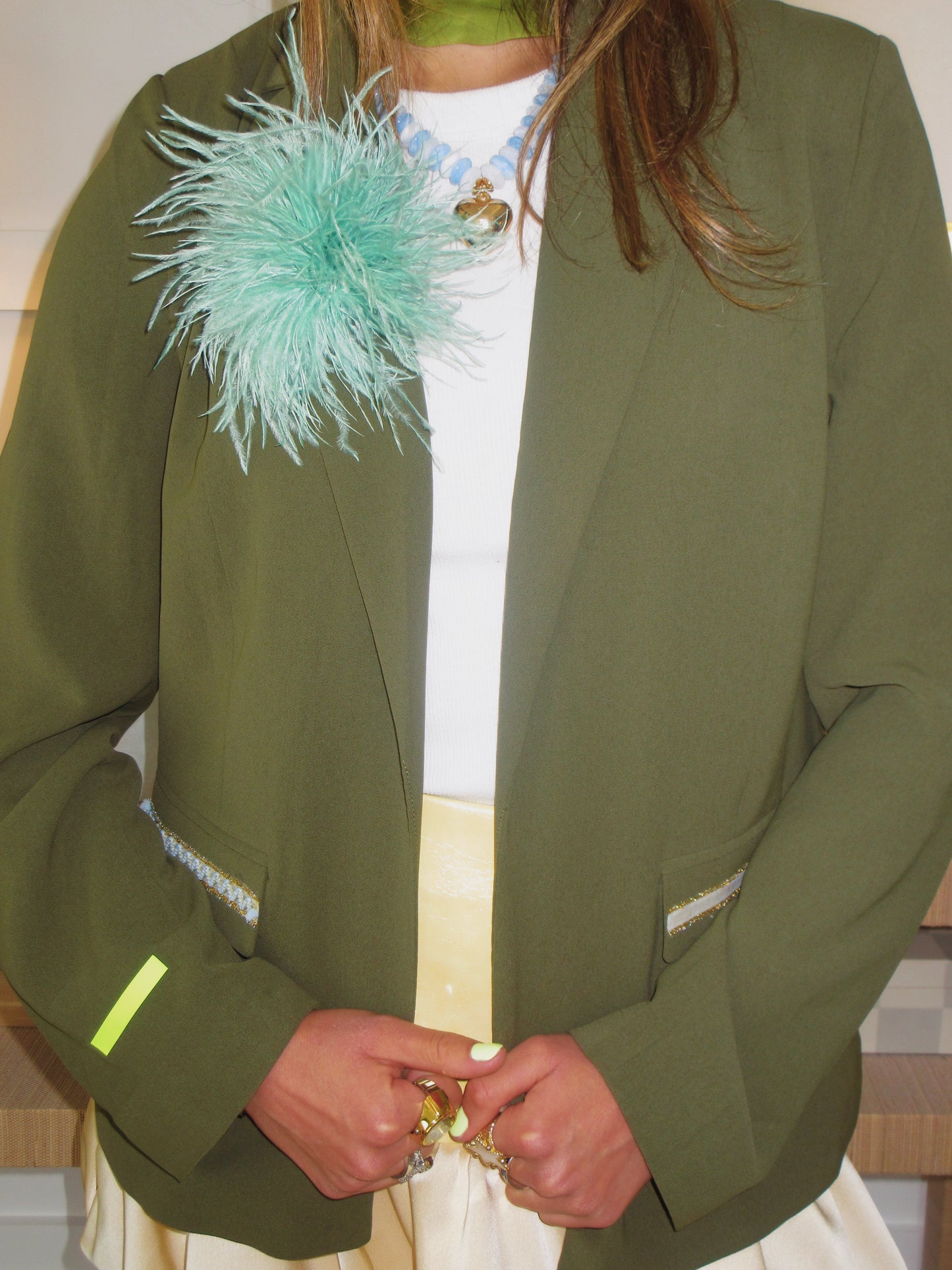 Olive Statement Blazer with Blue Heart Detail