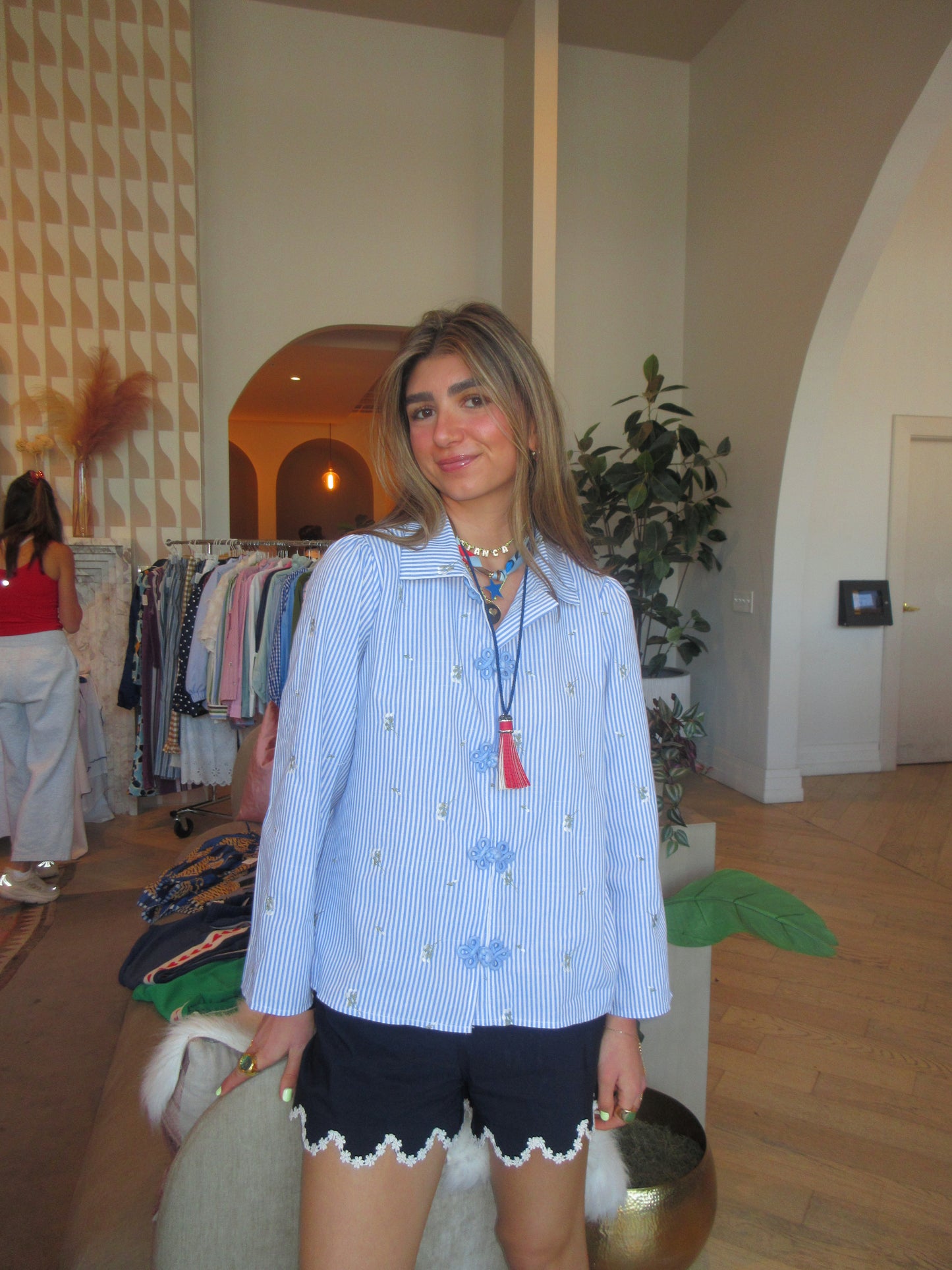 The Blue Embroidered Frog Closure Top