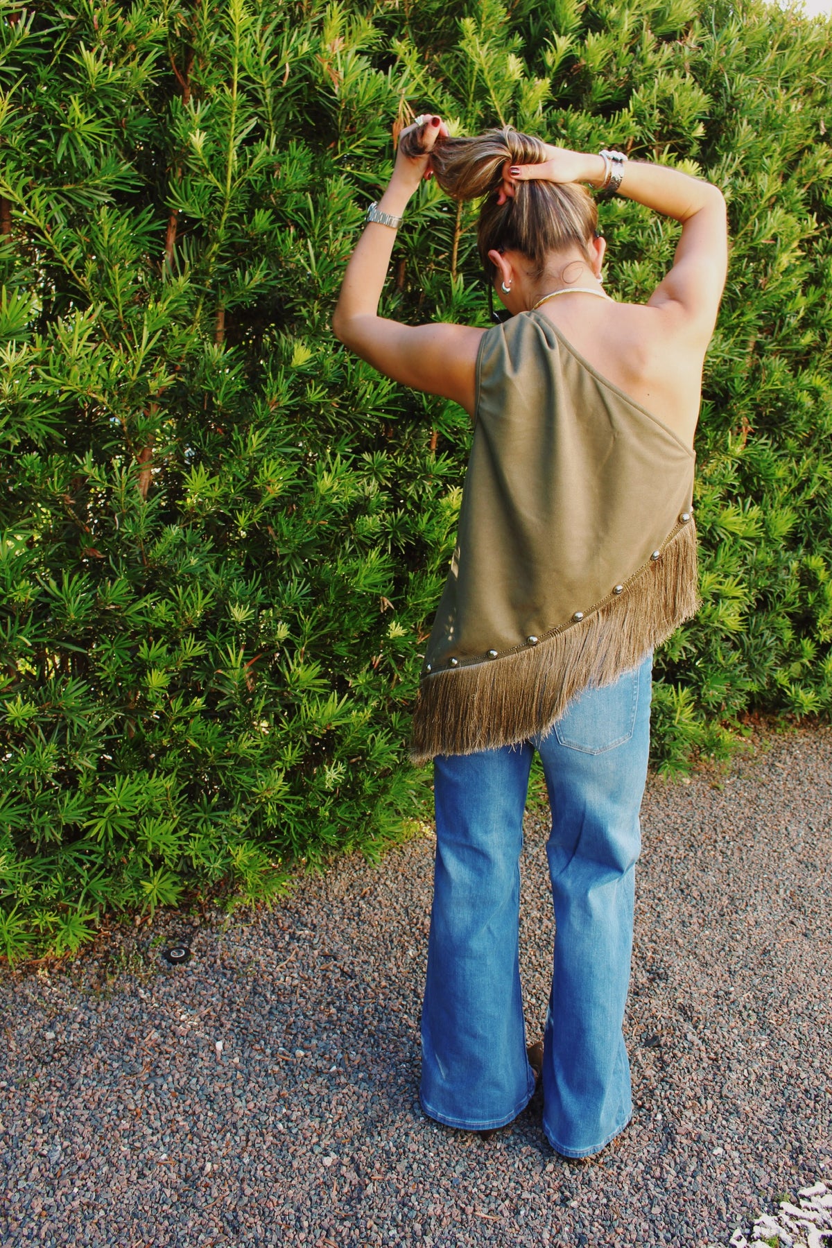 The Suede Fringe One-Shoulder Top