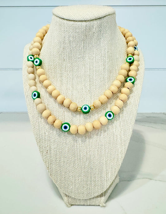 Double Stack Wooden Evil Eye Necklace