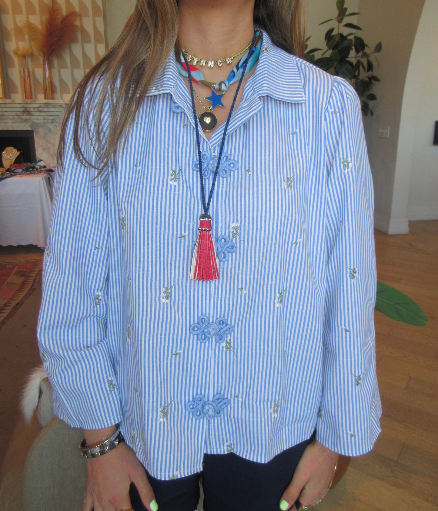 The Blue Embroidered Frog Closure Top