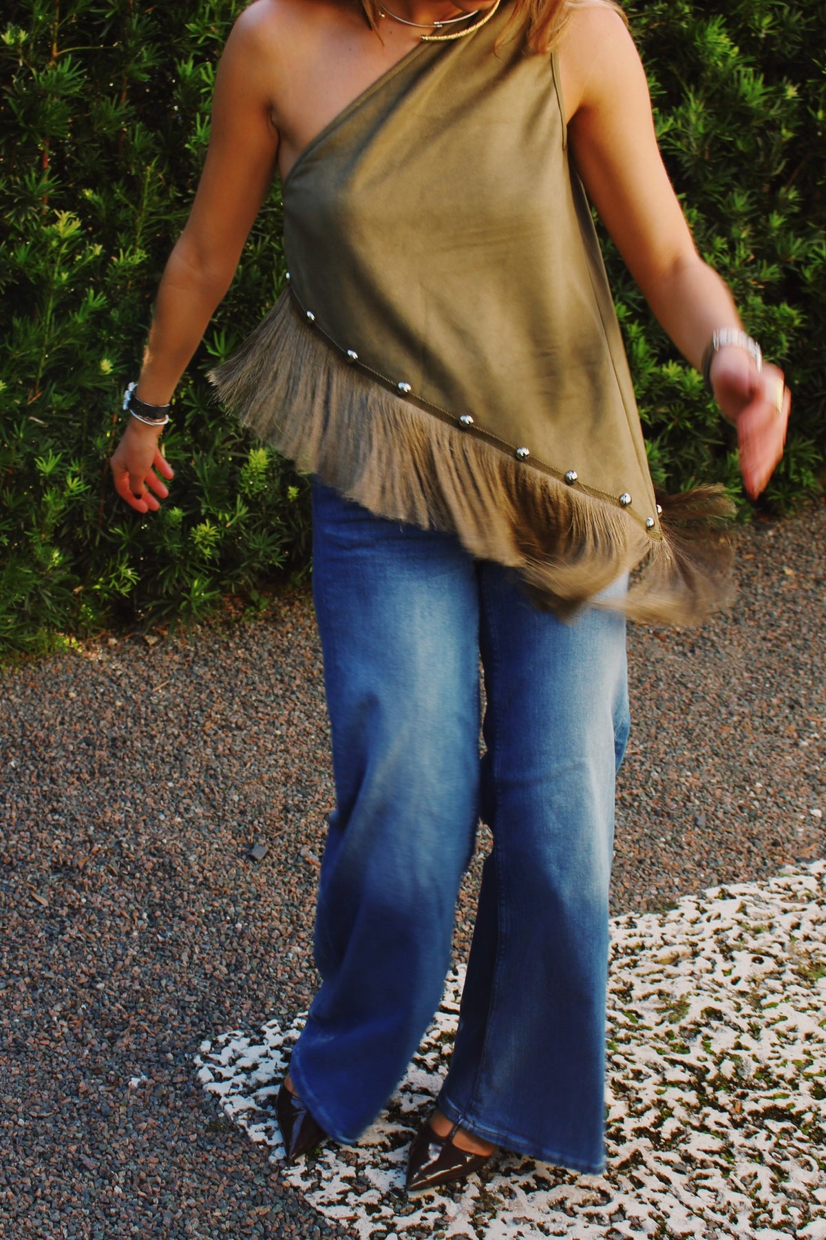 The Suede Fringe One-Shoulder Top