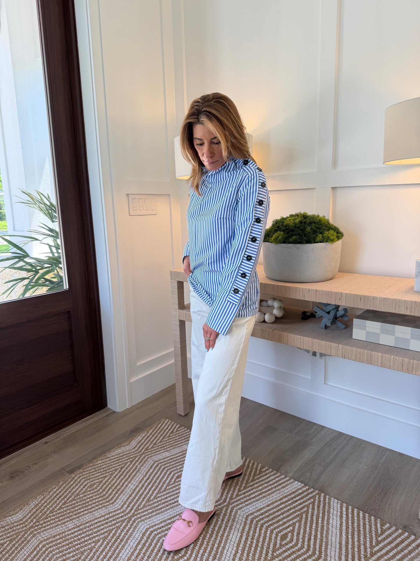 The Blue Stripe Button Shoulder Blouse