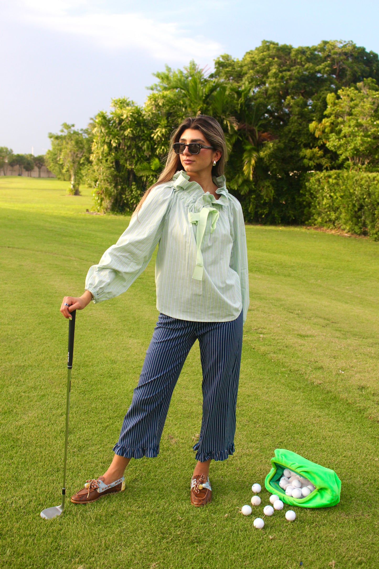 The High Ruffle Pinstripe Blouse Green