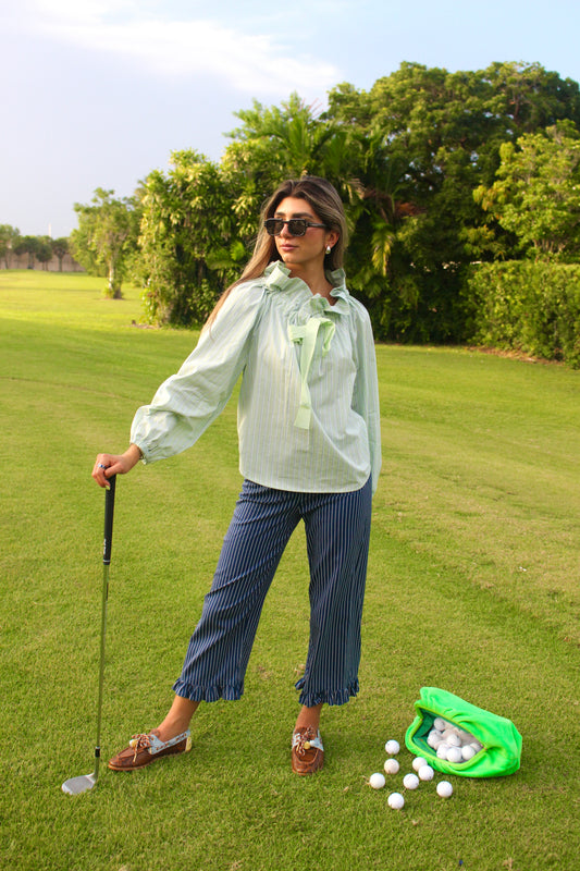 The High Ruffle Pinstripe Blouse Green