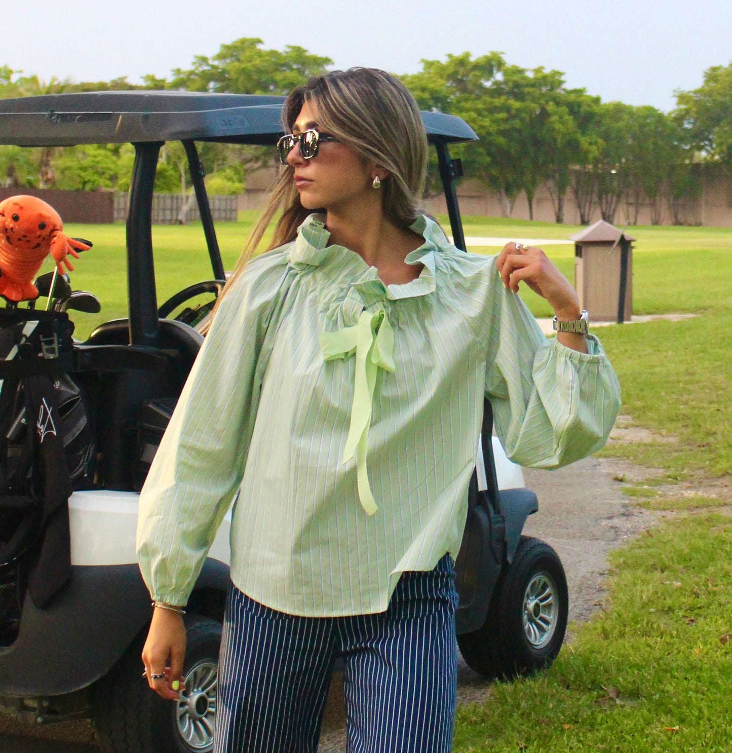 The High Ruffle Pinstripe Blouse Green