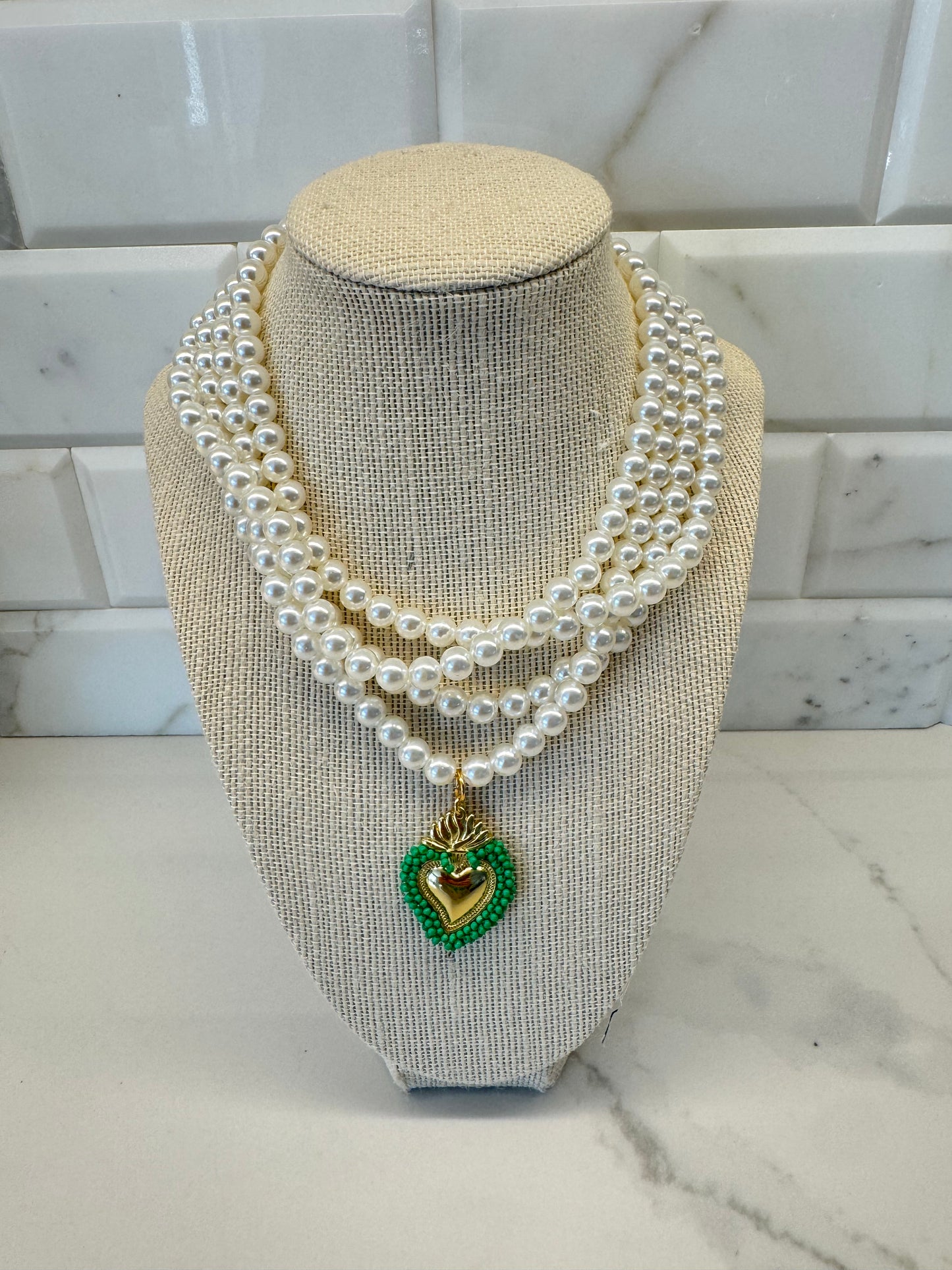 The Triple Pearl Sacred Heart Necklace