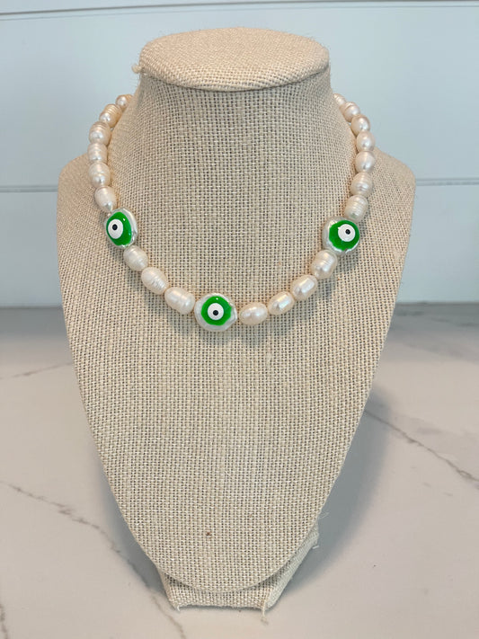 Green Pearl Evil Eye Necklace